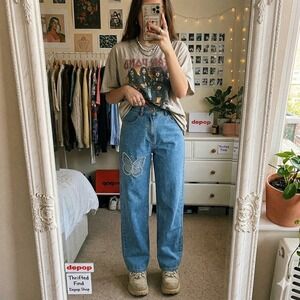 Cider Womens Wide Leg Butterfly Rhinestone Jeans Medium Wash High Rise Size S